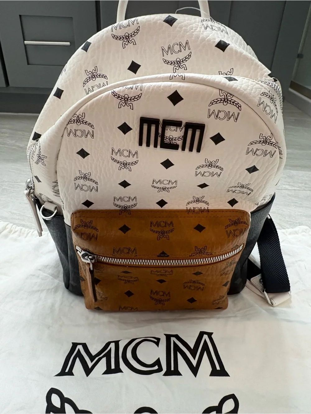 MCM White, Cognac & Black Visetos Logo Backpack